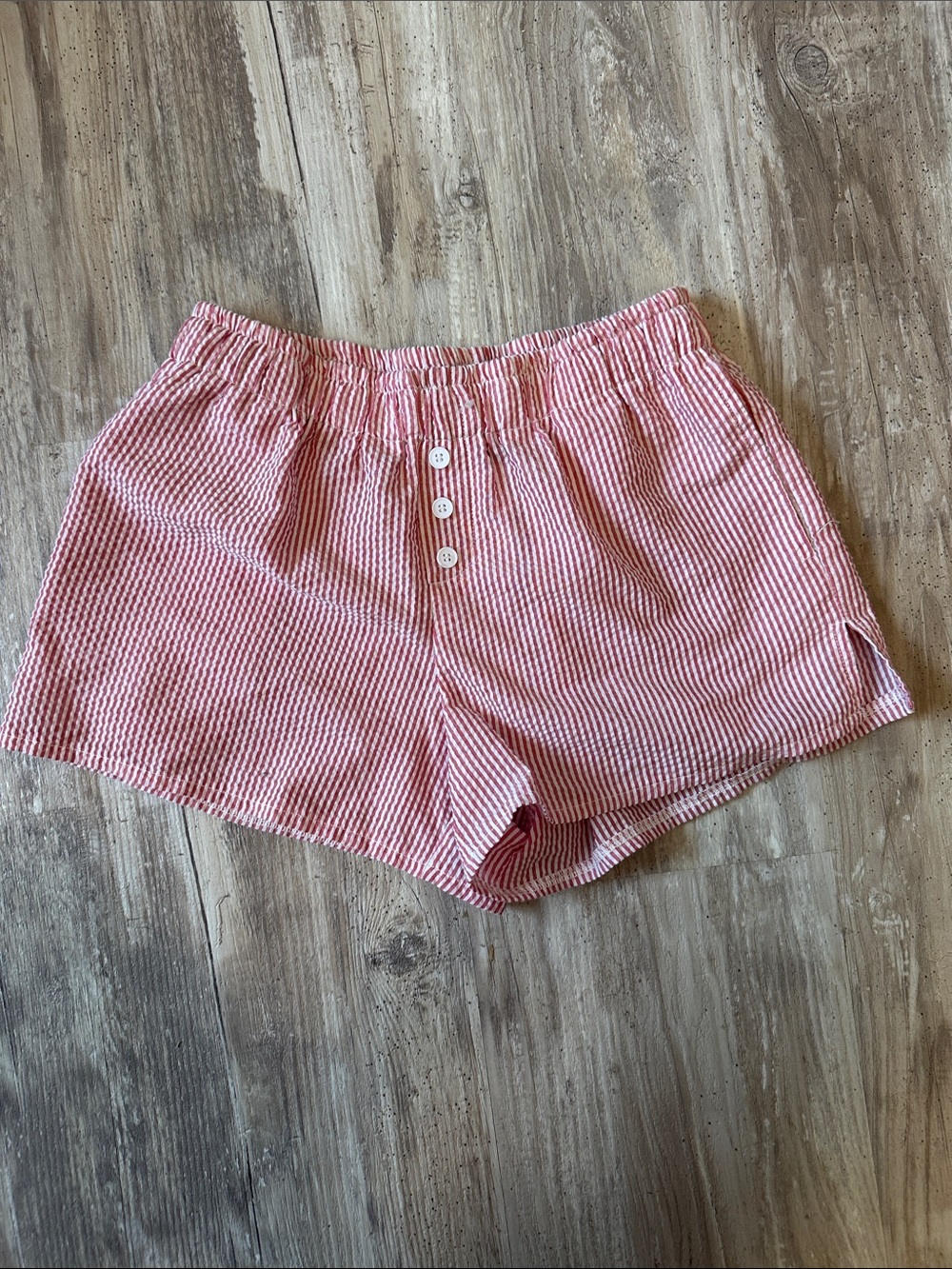 High-Waist Pink Seersucker Button-Front Shorts - Picture 3 of 5